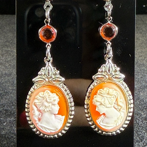 Silver and Orange tone Cameo style dangle Earrings - Picture 2 of 4